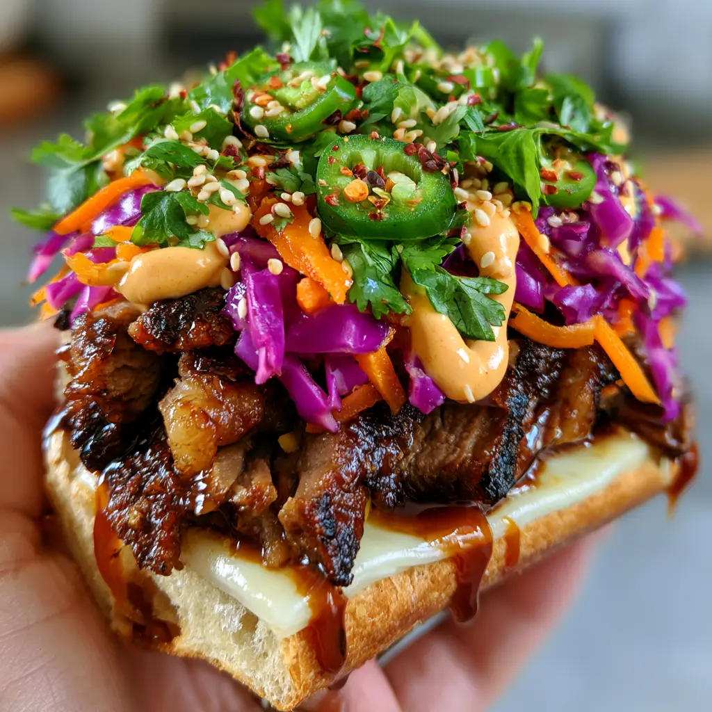 Close-up of glossy mahogany bulgogi steak dripping in gochujang garlic aioli on a sandwich.