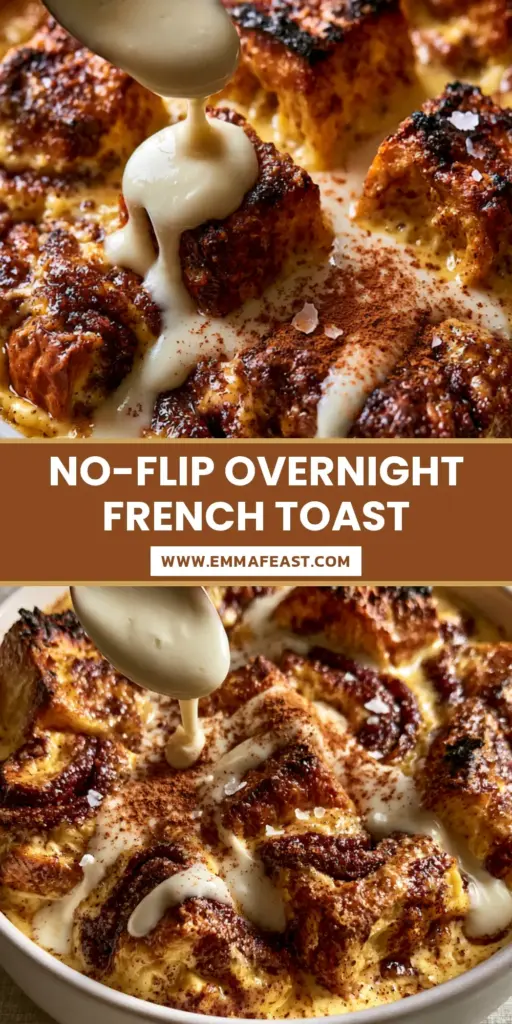A top-down view of a brioche French toast casserole with thick white cream cheese icing and mahogany cinnamon swirls in a white ceramic dish. (French Toast ideas)