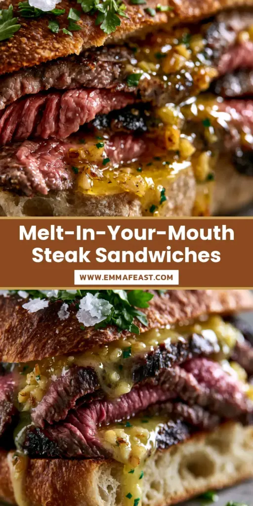 A towering gourmet steak sandwich on toasted ciabatta with melting garlic butter and fresh parsley. (steak sandwich recipe)