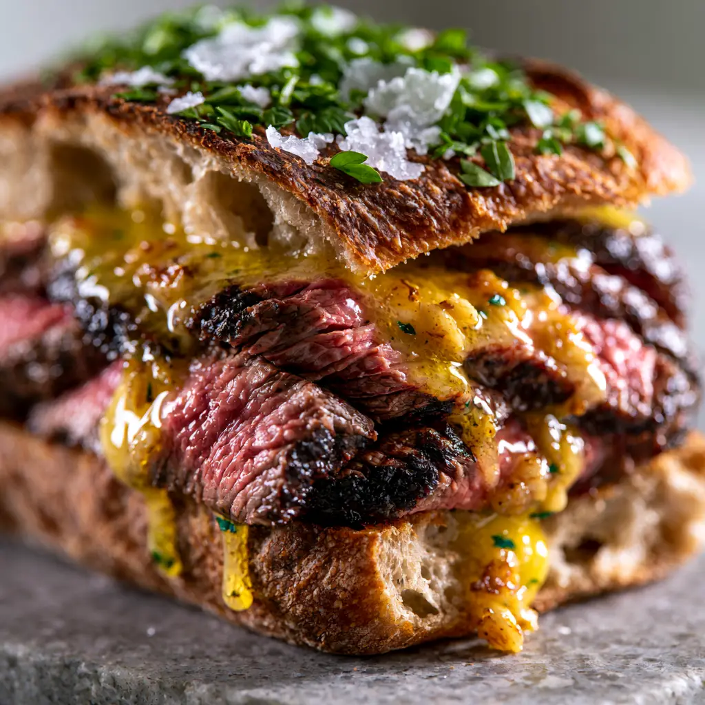 Macro shot of seared ribeye with pink centers and charred edges inside a steak sandwich recipe.