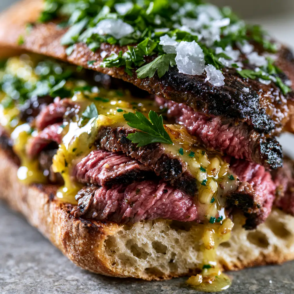 Close up of golden garlic butter dripping over thin steak ribbons in a ciabatta bun.