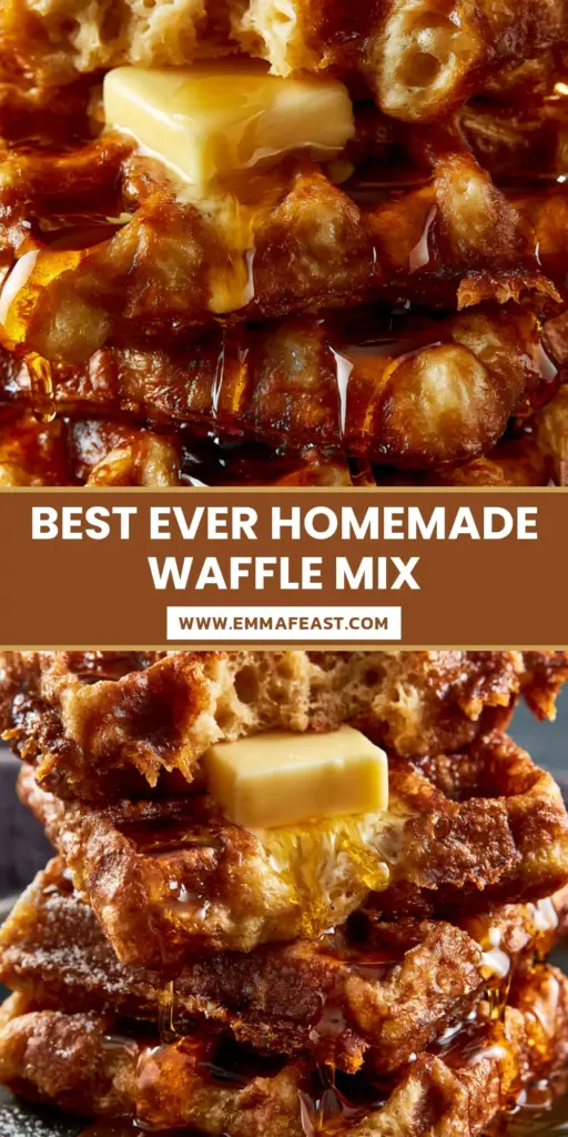 A towering stack of three golden-brown Belgian waffles with a melting pat of salted butter and glistening maple syrup. (waffle mix recipe)