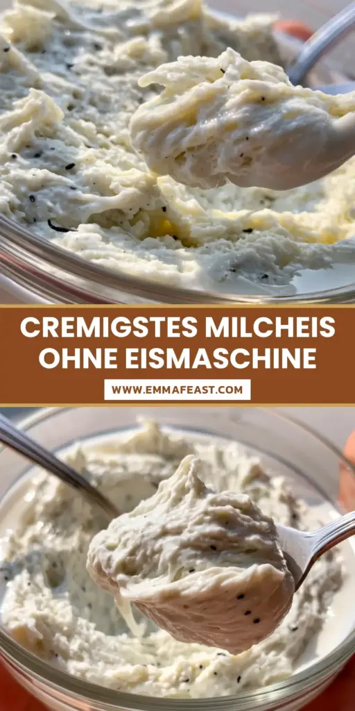 A close-up of a silver spoon lifting a thick globule of vanilla ice cream with black specks from a clear bowl. (Eiscreme Rezepte)