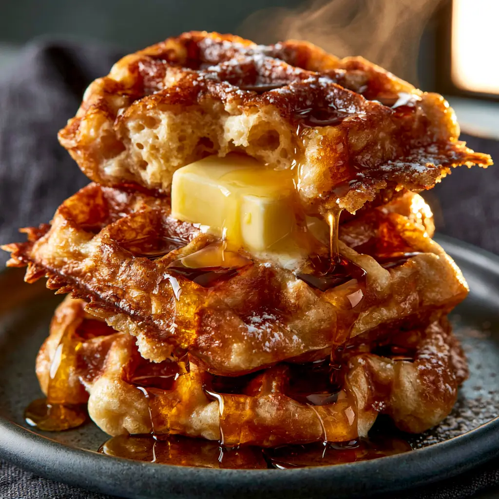Side view of three thick waffles with amber syrup pooling at the base and steam rising. (waffle mix recipe)