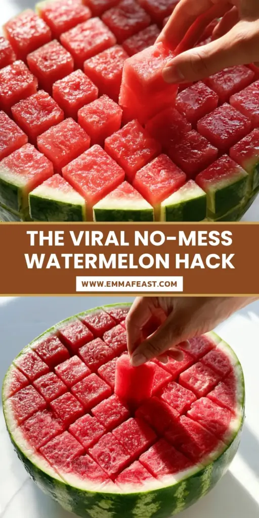 A hand pulling a single, perfectly rectangular Cut Watermelon Stick out of a 1-inch geometric grid on a white marble surface.