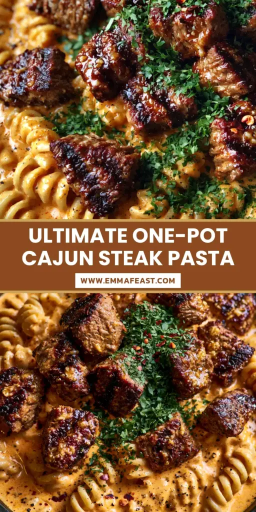 Top-down macro shot of Cajun Steak Tips Pasta in a black cast iron skillet with glistening garlic butter steak and orange cream sauce.