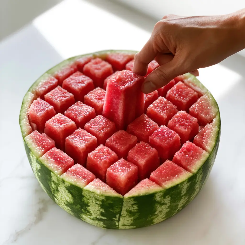 Close-up of the crisp, porous texture and cold condensation on vibrant ruby red Cut Watermelon Sticks.
