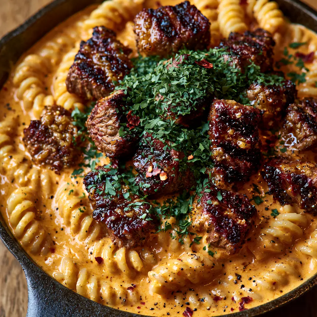 Close-up of seared sirloin steak tips with dark grill marks over fusilli pasta in a thick orange Cajun sauce.
