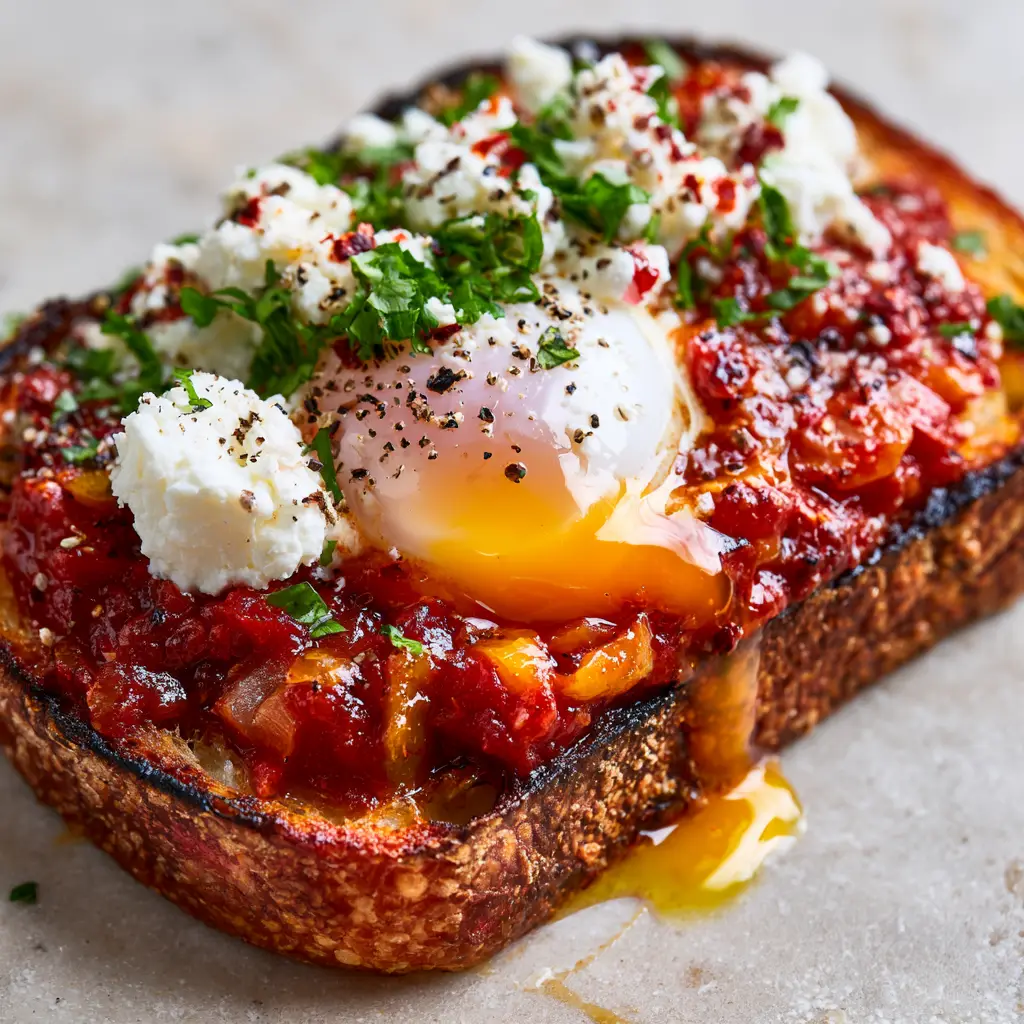 A shimmering poached egg with an orange yolk breaking over a thick layer of shakshouka sauce on toast.