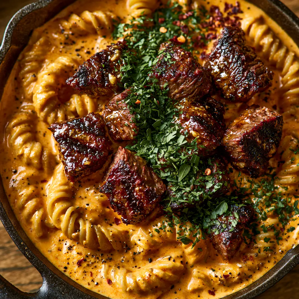 Cajun Steak Tips Pasta garnished with fresh parsley and red pepper flakes in a rustic skillet.