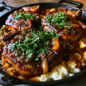 Top-down view of smothered pork chops recipe featuring mahogany gravy, translucent onions, and fresh parsley in a cast iron pan.