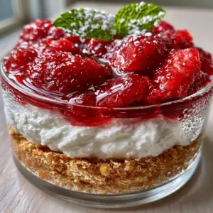 Close up view of the snow-white whipped mascarpone cream and vibrant glossy strawberry compote with glistening syrup. (Summer dessert recipes)