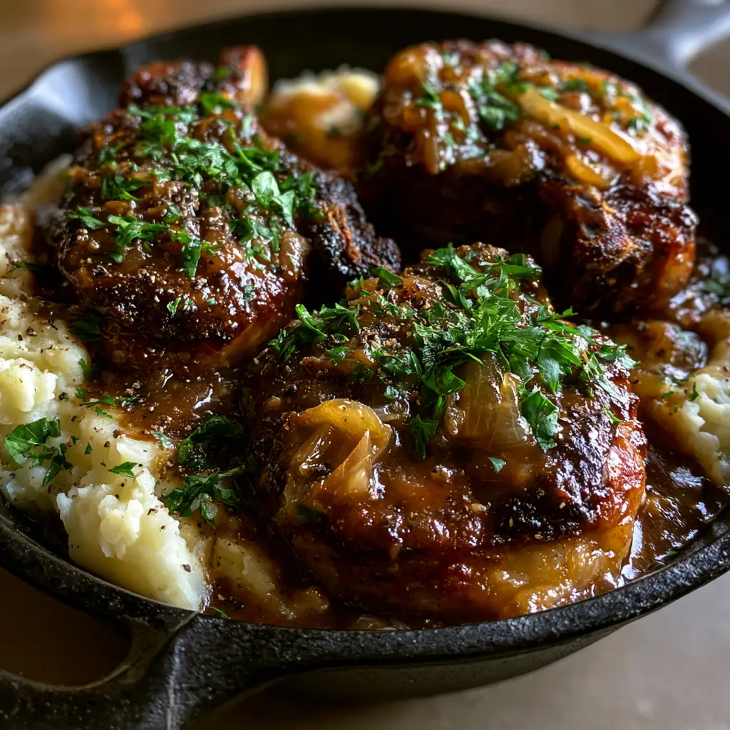 Close up of bone-in pork chops nestled on buttery mashed potatoes with glossy onion gravy and cracked black pepper.