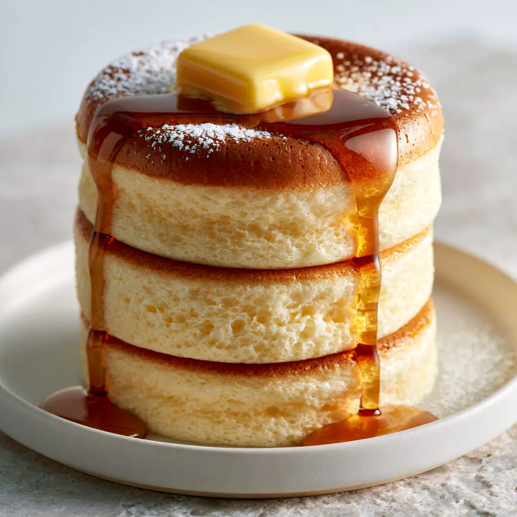 Maple syrup cascading down a stack of Japanese soufflé pancakes with powdered sugar dusting.