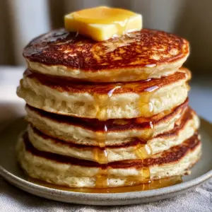 Close-up of thick buttermilk pancakes showing vertical air pockets and bubbles. (fluffy pancake recipe)