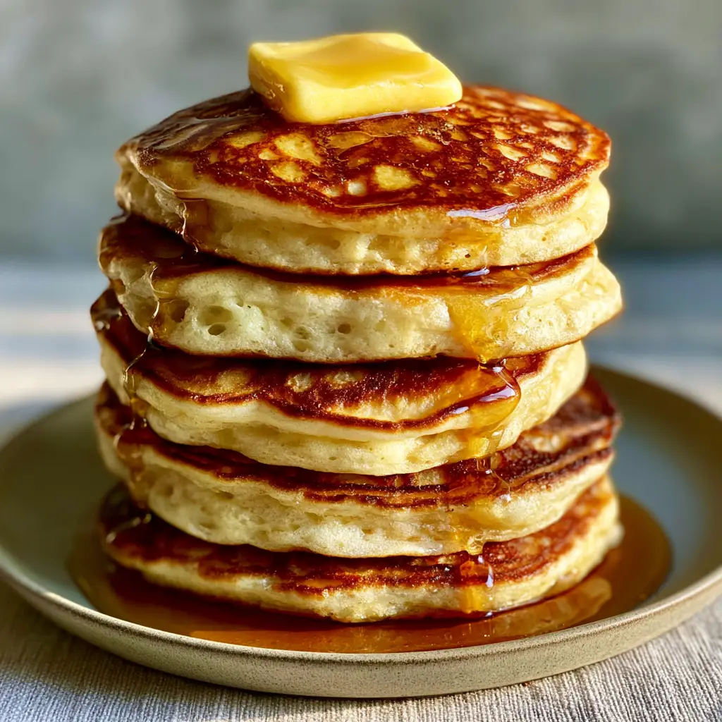 Amber maple syrup dripping down a stack of pancakes on a stoneware plate. (fluffy pancake recipe)