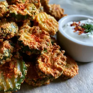 Macro shot of air-fried spicy dill pickle chips showing gritty cornmeal texture and vibrant green pickle centers. (spicy dill pickle chips)