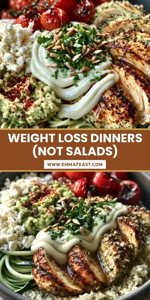 A vibrant Mediterranean power bowl in a charcoal bowl, featuring seared chicken, quinoa, and zoodles. (light dinner ideas)