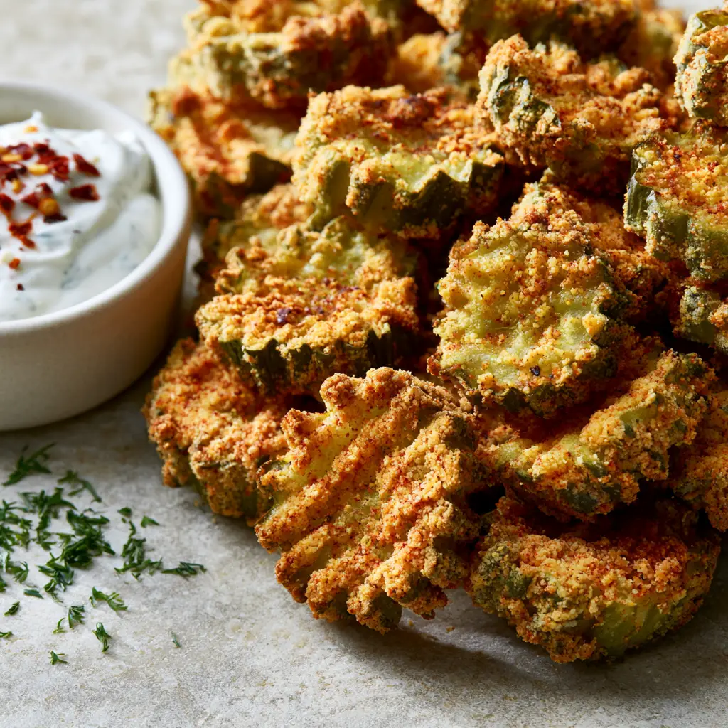 Crinkle-cut spicy dill pickle chips next to a ramekin of thick Greek yogurt ranch dip with red chili flakes.