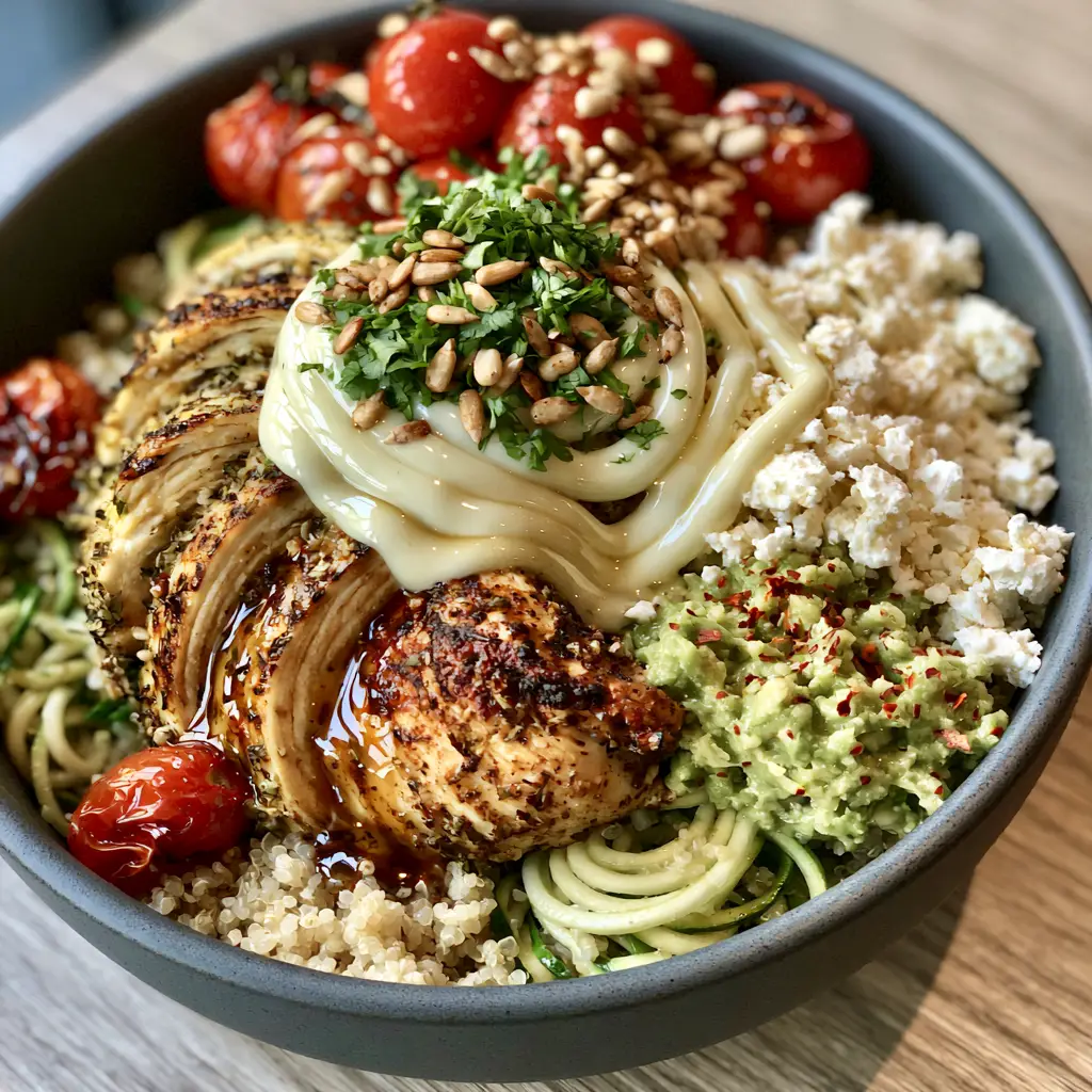 Top-down view of a Mediterranean bowl with quinoa, zoodles, and a yogurt sauce drizzle. (light dinner ideas)