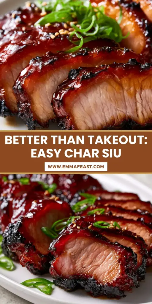 Close-up of sliced Chinese barbecue pork medallions with a glowing ruby-red glaze and charred edges on a white plate. (Chinese barbecue pork)