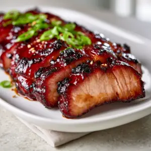 Slices of Char Siu Chinese barbecue pork showing the juicy pink interior and viscous honey glaze. (Chinese barbecue pork)