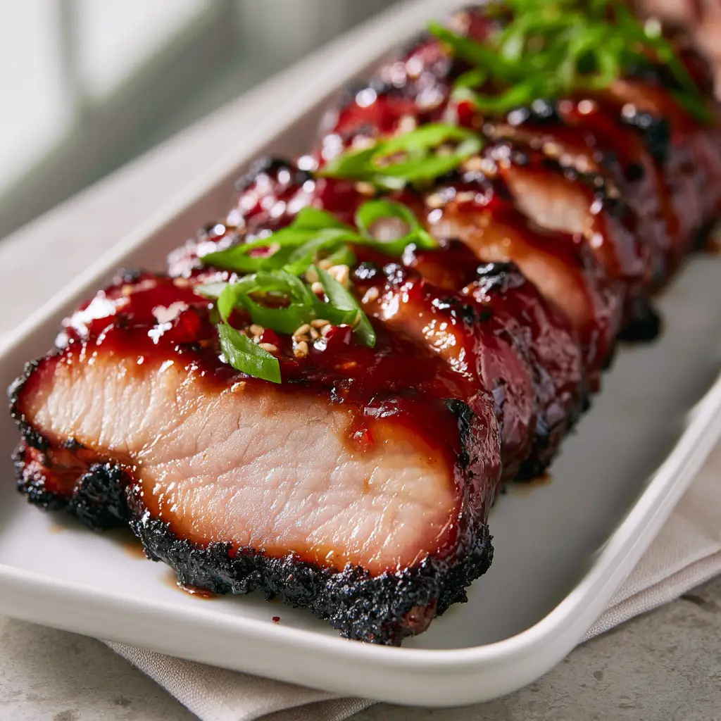 Top-down view of Chinese barbecue pork garnished with green scallions and white sesame seeds.