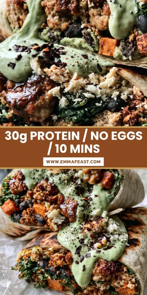 A gourmet savory breakfast wrap sliced to show layers of turkey sausage, sweet potatoes, and kale. (High protein breakfast ideas)