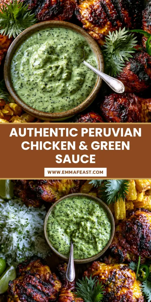 A hero shot of Peruvian Grilled Chicken thighs with deep mahogany char and lime-green Aji Verde sauce on a matte black platter.