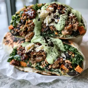 Close-up of a sliced high protein wrap with charred tortilla and avocado crema drizzle. (High protein breakfast ideas)