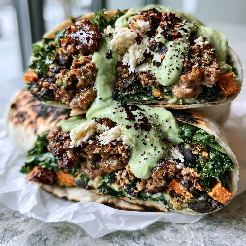 Close-up of a sliced high protein wrap with charred tortilla and avocado crema drizzle. (High protein breakfast ideas)