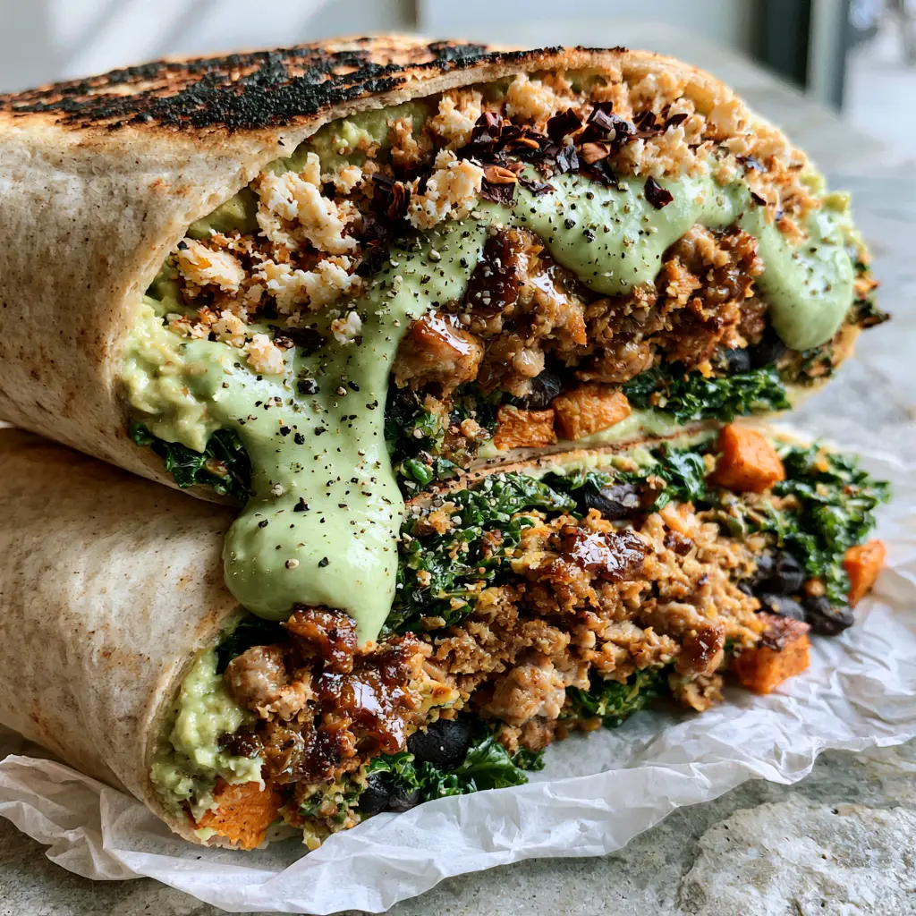 A top-down shot of a high protein breakfast wrap featuring cotija cheese and red chili flakes.
