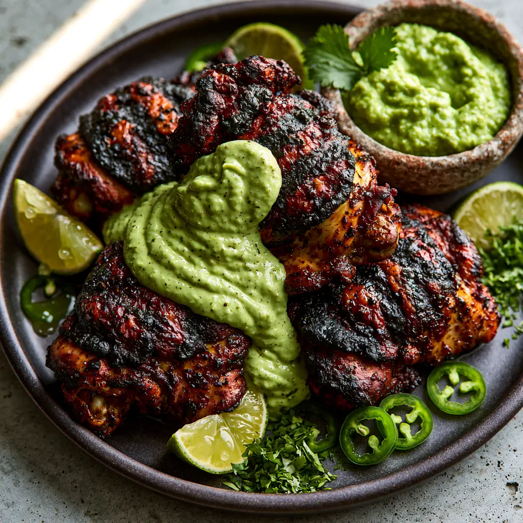 A rustic stone bowl filled with lime-green Aji Verde sauce next to grilled chicken and lime wedges.