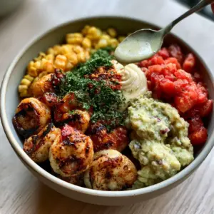 Overhead view of a charred shrimp bowl with glistening lime-butter glaze and fresh pico de gallo. (grilled shrimp bowl recipe)