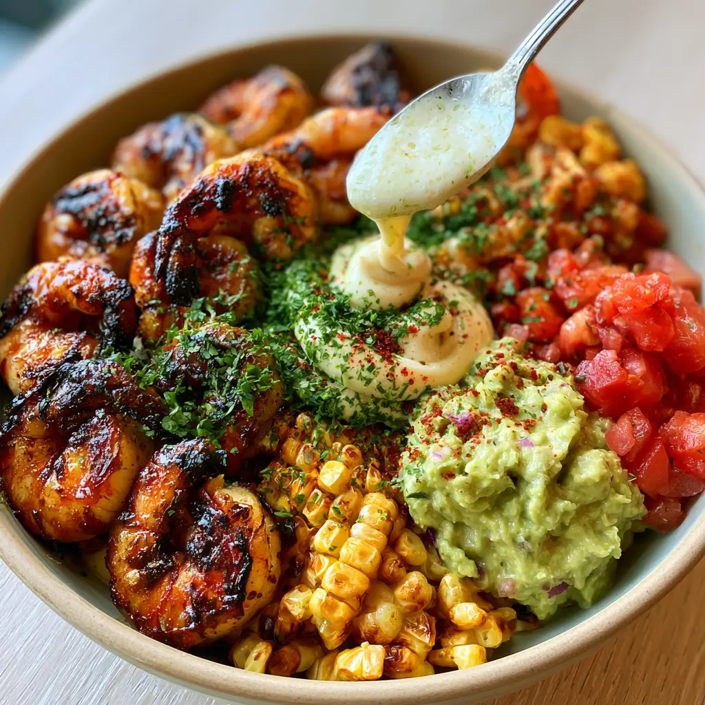 A silver spoon drizzling thick lime-crema over an organized arrangement of roasted corn and avocado in a gourmet shrimp bowl.