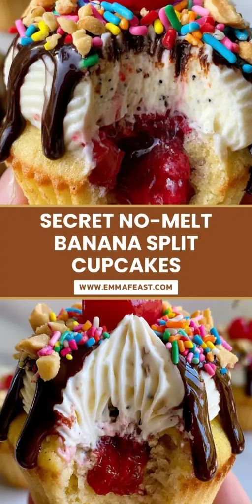 A gourmet Banana split cupcake held in hand, featuring a moist yellow sponge, a thick swirl of vanilla bean whipped cream, chocolate ganache drip, and a cherry on top.