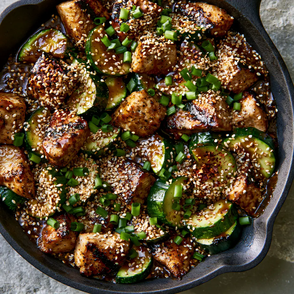 The thick mahogany sauce pooling around chicken and zucchini in a black skillet.