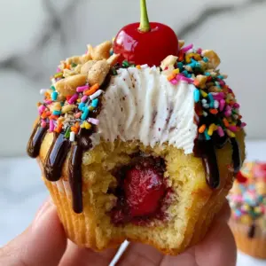 Macro close-up of Banana split cupcakes showing the moist banana sponge and glossy dark chocolate ganache drip with rainbow sprinkles.