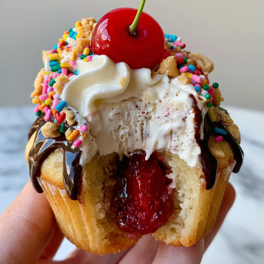 A bitten-into Banana split cupcake revealing a vibrant bright red strawberry fruit center inside a yellow banana sponge.
