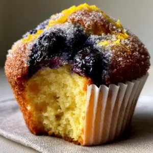 Detailed shot of a craggy Lemon Blueberry Muffin top encrusted with coarse sugar and lemon ribbons.