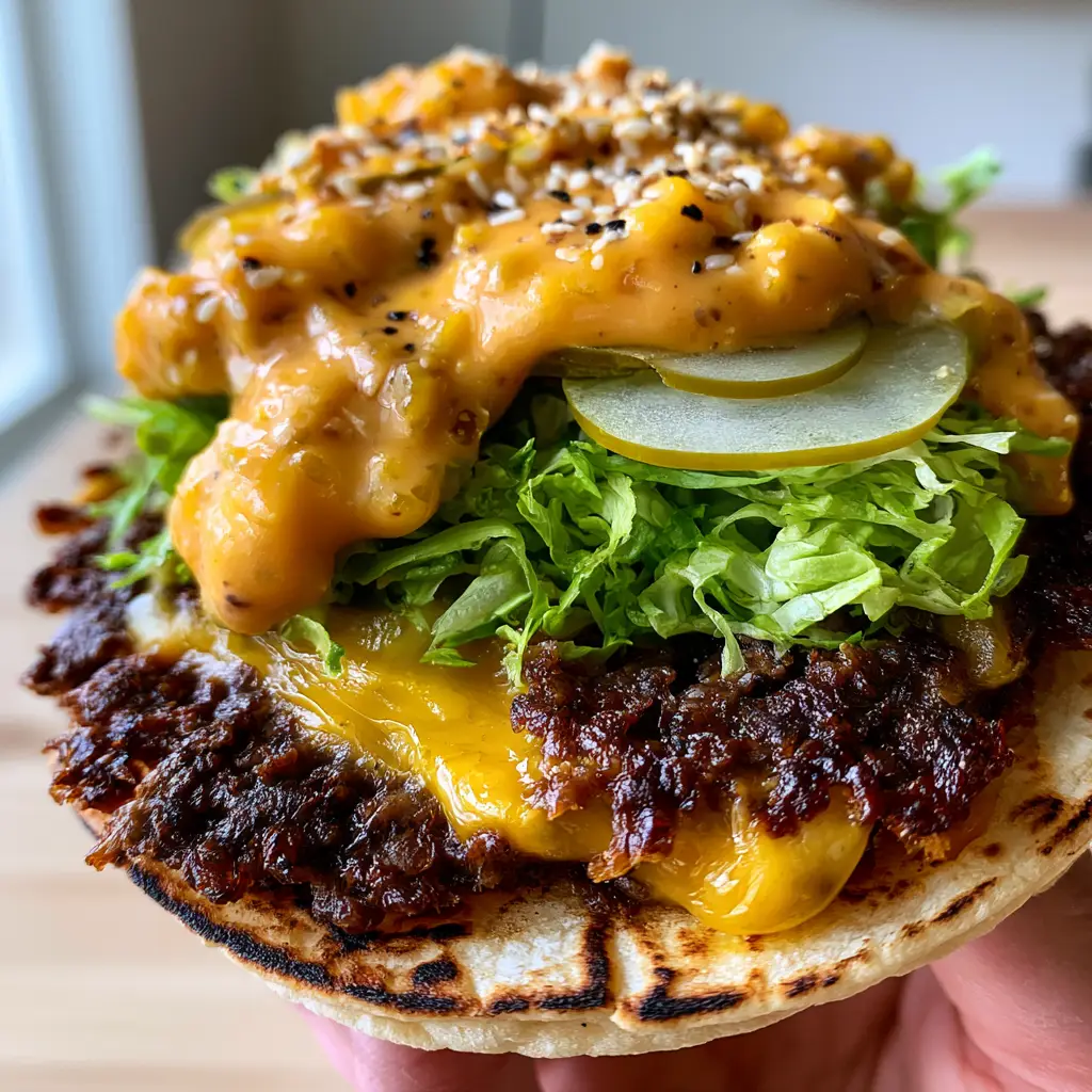 Close up of Smash Tacos showing the charred flour tortilla and bubbling yellow cheese. (Smash Tacos)