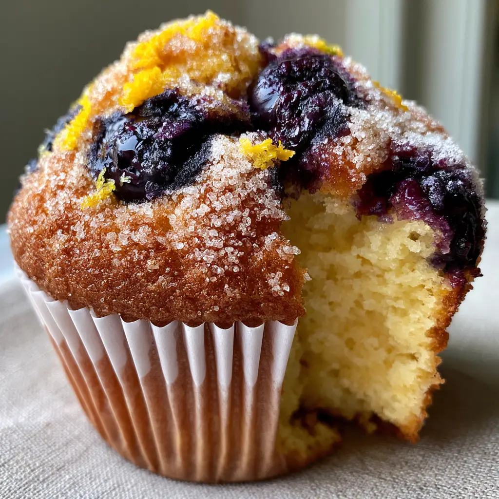 A Lemon Blueberry Muffin broken open to reveal a moist, pale-yellow interior crumb and whole berries.