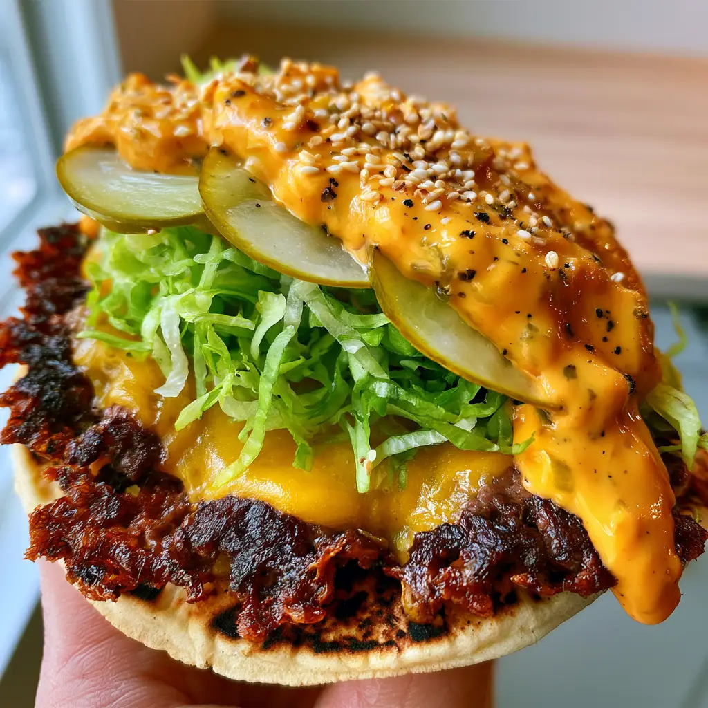 POV shot of a Smash Taco overflowing with finely shredded lettuce and special sauce. (Smash Tacos)