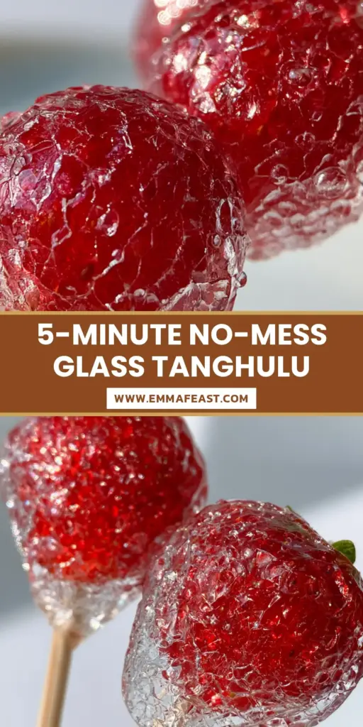 A vertical shot of three glossy, candied strawberries on a wooden skewer, featuring a crystal-clear Tanghulu sugar glaze and tiny water droplets.