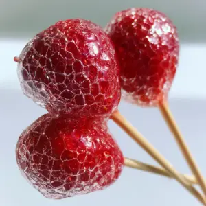 Extreme macro close-up of Tanghulu strawberries with a paper-thin, transparent sugar coating and reflective crystalline texture.