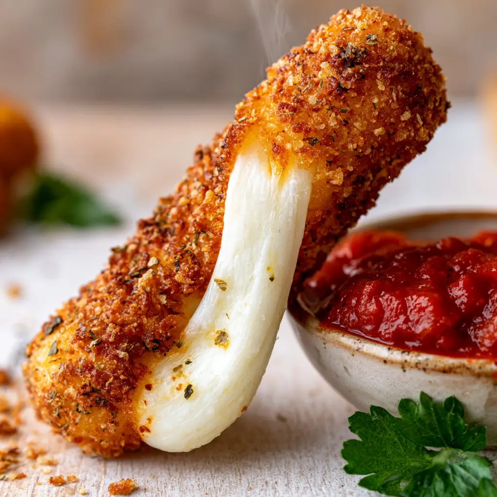 A perfectly fried mozzarella stick dipped in thick chunky red marinara sauce. (mozzarella sticks recipe)