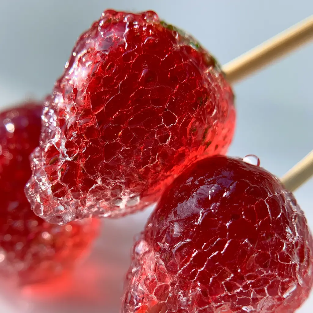 Close-up of bright red strawberries encased in a high-gloss, cracked-glass sugar coating for the perfect Tanghulu.