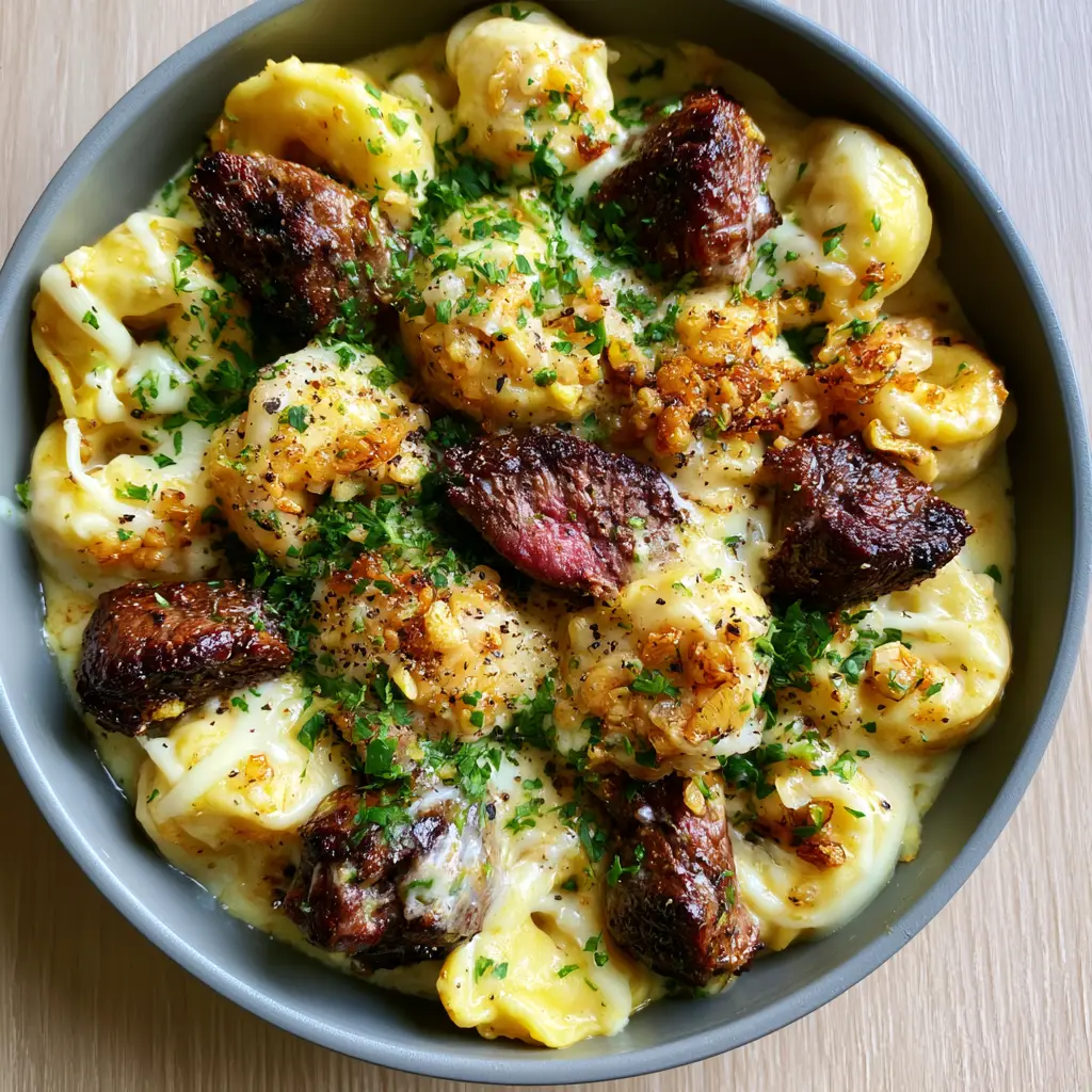 A skillet full of cheese tortellini and steak bites garnished with fresh parsley and black pepper.