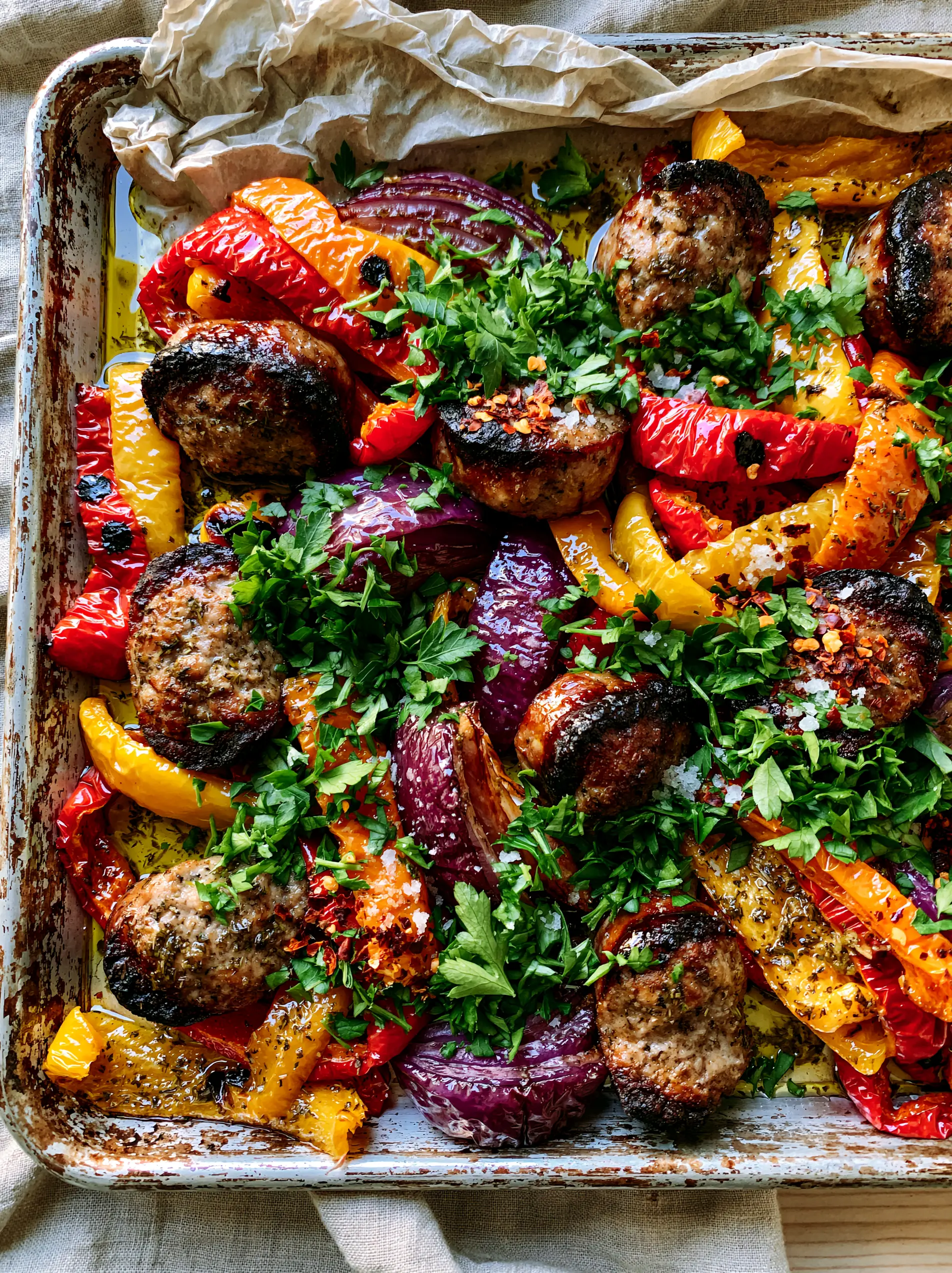 Close-up of roasted Italian sausage rounds with dark brown charred edges and juicy centers. (sausage and peppers recipe)