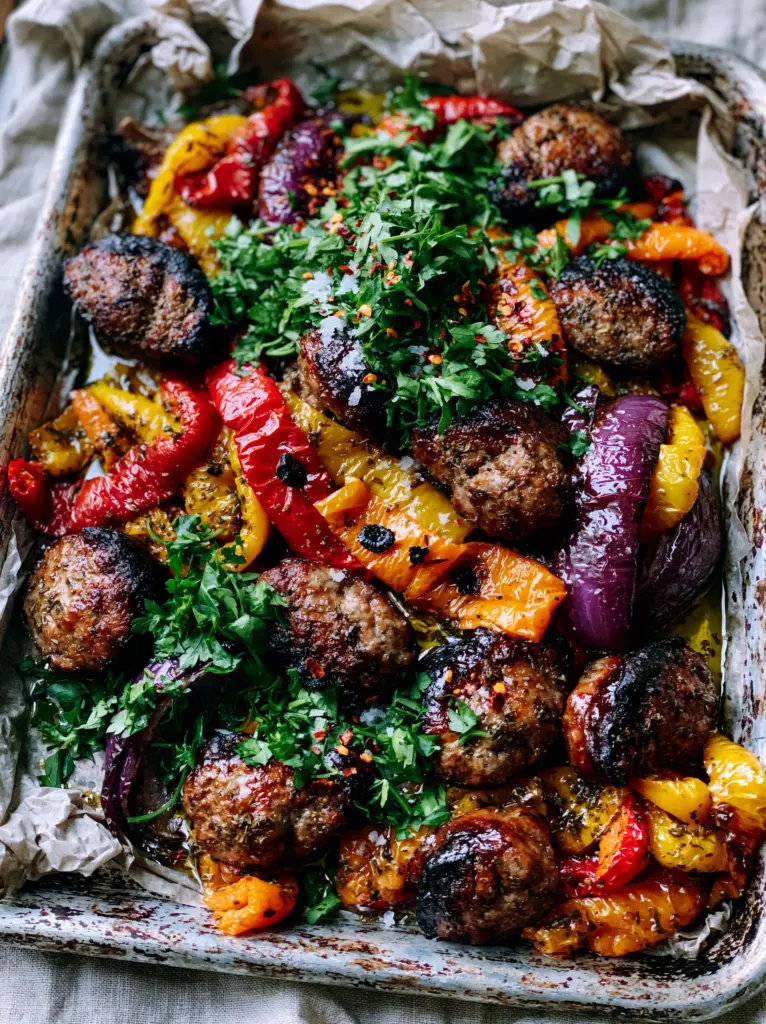Wide strips of red, yellow, and orange bell peppers, soft and blistered with small black char marks on parchment paper. (sausage and peppers recipe)